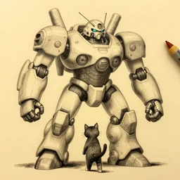 a cat controlling a huge mecha suit, illustration, graphic novel, graphite, marker art, crayon, paint, comic book, warm color palette, electric colors, tonal colors, 2 d, 8 k, natural lighting, amoled, moody lighting, diffraction grading, cel shading : : katsuhiro otomo