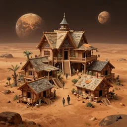 elaborately detailed photo art of people already made houses on planet mars , high fantasy matte painting, atmospheric lighting, highly detailed illustration highlights, 8K detail post-processing, featured on DeviantArt, trending on cgsociety H 768