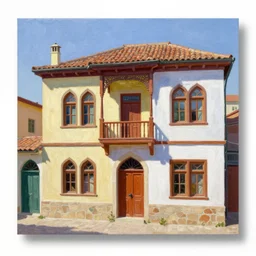 High-Quality realist painting of a traditional Syrian house by Gustave Courbet, colorful house, very detailed, oil on canvas.