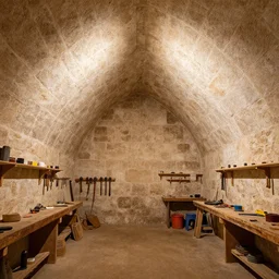 wide angle picture of a tall and narrow vaulted medieval cellar. Stone and lime mortar. Diy workshop with tools lined up on the wall and workbenches, shot with 11-16mm Sigma on a 80D