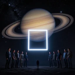 a small person standing in the foreground of a large starry sky. saturn is very large in the sky, and there's a big neon square in the center of the shot. by greg rutkowski, beeple, sung choi, mitchell mohrhauser, maciej kuciara, johnson ting, maxim verehin, peter konig, final fantasy, macro lens, 3 5 mm, 8 k photorealistic, cinematic lighting, hd, high details, dramatic, dark atmosphere, trending on artstation