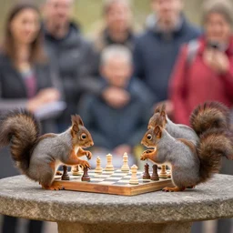 squirrels playing chess on a stone table, a crowd watching