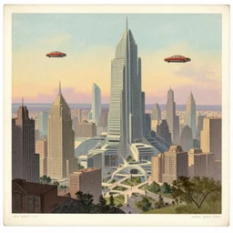 a 1 9 th century print by jean - marc cote about a city of the year 2 1 0 0, vintage card of a future city with flying cars, faded colors