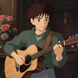 a wholesome animation key shot of kurt cobain playing an acoustic guitar, medium shot, waist up, studio ghibli, pixar and disney animation, sharp, rendered in unreal engine 5, anime key art by greg rutkowski, bloom, dramatic lighting