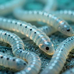 high quality close-up photo translucent biomechanic worms! gorgeous black dots highly detailed hannah yata elson peter cinematic turquoise lighting high quality low angle hd 8k sharp shallow depth of field