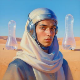 painting of a protrait of a cyberpunk touareg, by ruan jia, weldon casey, ralph mcquarrie. smooth gradients, transparent inflatable structures in akakus desert. artstation