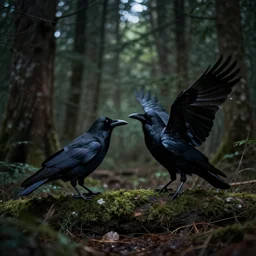 mixture between an crow and!!!! human, photograph captured in a dark forest