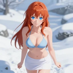 winter picture : a detailed very beautiful young ginger anime girl, detailed sky blue eyes, cute, bikini, white miniskirt, highly detailed, cinematic wallpaper by stanley artgerm lau