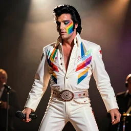 elvis presley performing in a jumpsuit, art by alessandro pautasso, rainbow geometric face, beautiful