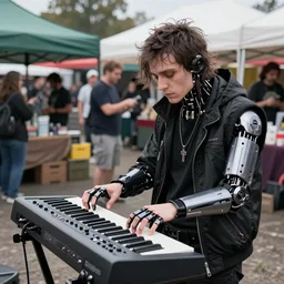 cyberpunk goth homeless man cyborg playing a cyberpunk moog synthesizer at cyberpunk farmers market by william barlowe and pascal blanche and tom bagshaw and elsa beskow and enki bilal and franklin booth, neon rainbow vivid colors smooth, liquid, curves, very fine high detail 3 5 mm lens photo 8 k resolution