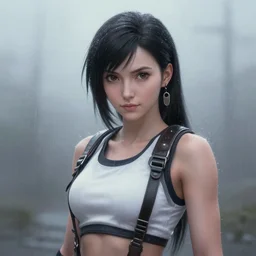 beautiful tifa lockhart, face centered portrait, cottagecore, confident, fog, rain, volumetric lighting, soft light particles floating near her, illustration, perfectly shaded, oft painting, art by krenz cushart and wenjun lin