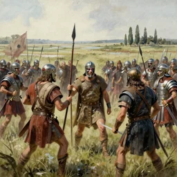 celtic tribal soldiers with war paint and spears facing roman legionnaires with swords and spathas in wetland with few cypress trees far away, cinematic, waterpaint, late antiquity, battle, britannia