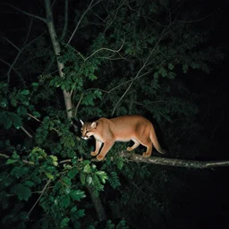 cougar in forest at night, shot from drone, grainy