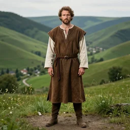 detailed full body studio portrait of a medieval peasant in a beautiful green valley