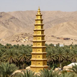 photo of vertical golden tower, stacked ancient village, arid mountains and lush palm forest, photo realism, sharp focus, octane