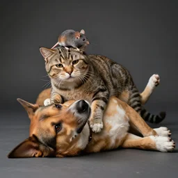 dog with a cat on it's back with a mouse on it's head. studio portrait. photorealistic. intricate details. 3 5 mm photograph. dramatic lighting. action shot. absolute focus. masterpiece.