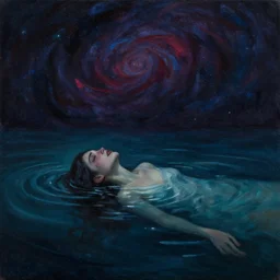 despair, drowning, loneliness. collapsing into spiral oblivion, the weeping visage of a longing dreamer in desolation. cosmic void, abyssal ocean depths, vibrant darkness, by jackson pollock, john avon, rebecca guay, carl critchlow. moody, murky. glimmering hopes last gasp in the endless waters. gouache painting. final fleeting moments.