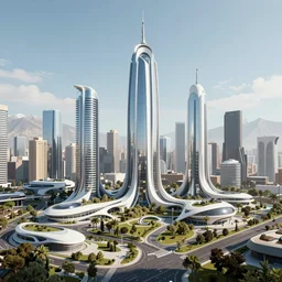 a futuristic modern city of santiago de chile with a sustainable futuristic landscape in the backround. daylight. sunlight. lens flare. light fixtures. 8 k. detailed. photorealism. 2 5 mm f / 1. 7 asph lens. ultra realistic