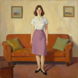 oil painting retro vintage james gilleard full body character portrait, simplified woman in her livingroom, full body portrait, very low poly, character design, oil painting filter, expressive brushstrokes, by james gilleard, retro vintage, 1 9 6 0's film grain and color scheme