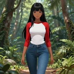 brown skin anime girl using white and red tight raglan sleeves, tight blue jeans and cool shoes, silky long black hair with bangs, in a tropical forest, artstation, ray tracing, soft shade, from genchin impact