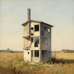 hyper-realistic illustration of long shot of a small brutalist utility structure in the middle of a large field, by alfons mucha le pater, art nouveau, Craig Mullins, Jules Louis Machard, Pierre-Narcisse Guérin, Carl Schweninger, Jr., asymmetry