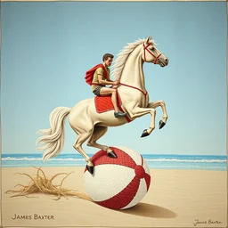 an intricate, delicately woven tapestry of a horse riding on a beach ball, james baxter