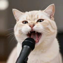photo of a cream colored cat meowing loudly into a black microphone, hyperrealistic, studio lighting, bokeh blur, close up, very detailed, sharp