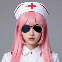 portrait of pink haired woman wearing a nurse hat and an eyepatch, trending on artstation