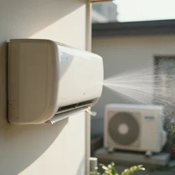 seen a profile wall with an air conditioner in the room and an air conditioner on the terrace with water spray, macro, faded, depth of field, sunny, ultra realistic, very detailed, 8 k hyper realistic detailed cinematic still