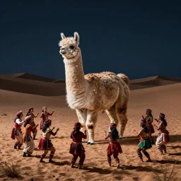 cultists dancing surrounds a huge alpaca in desert at night