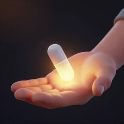 hand holding a glowing pill, 3 d octane render, v ray collection, nvidia, artstation, realistic, detailed digital art.