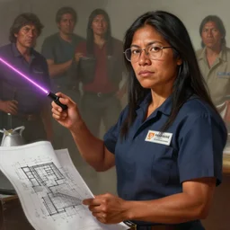 epic portrait of slightly muscular indigenous visionary woman wearing short sleeved instructor uniform using laser pointer on construction plan, blueprint, glasses, detailed, digital painting, artstation, concept art, donato giancola, joseph christian leyendecker, wlop, boris vallejo, breathtaking, 8 k resolution, extremely detailed beautiful, establishing shot, artistic hyperrealistic, beautiful face octane render