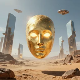 levitating glowing bene gesserit in full - face golden mask and glowing eyes in a dry rocky desert landscape, sunny atmosphere, fata morgana giant mirrors, portal, death stranding, spaceship in the sky by christopher doyle and alejandro jodorowsky, anamorphic lens, kodakchrome, cinematic composition, very detailed photo, complex structures, 8 k,