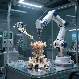 a complex thick bifurcated robotic cnc surgical arm cybernetic symbiosis hybrid mri 3 d printer machine making some organic ceramic fractal forms in a glass living room laboratory room with control panels, glass data cables, broken open hive mind, knobs, camera lens orbs, dramatic 3 point lighting, cyborg, cyberpunk, sci - fi fantasy, intricate, elegant, highly detailed, digital painting, artstation, concept art,