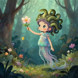 A cute little medusa with snakes in your head collecting flowers in the forest. Absurdly-detailed fantasy character illustration by Rebecca Guay and Wayne Reynolds