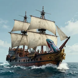 pirate ship sailing on rough seas, giant squid 🦑 attacking pirate ship, photorealistic illustration, high quality render, 8 k resolution