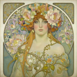 a painting of a woman surrounded by flowers, a detailed painting by Daniel Merriam, deviantart, art nouveau, made of flowers, detailed painting, made of vines