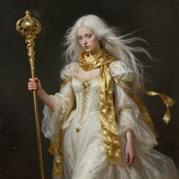 an alchemist with long light white hair and a gold scarf, windy, ribbons, stars, melancholic, modern maximalist fashion dress, is ( ( holding a staff ) ). light dust, magnificent, hyperdetailed, theatrical, painted by jean honore fragonard and greg rutkowski