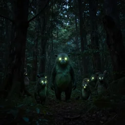 The creatures of the forest came down from the trees their glowing eyes like pinpricks of light in the darkness.