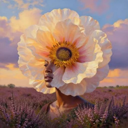 closeup, giant flower the head, african woman in heather field, surreal photography, golden hour, colorful clouds, impressionist painting, digital painting, artstation, simon stalenhag