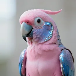 natural light, soft focus portrait of a cyberpunk anthropomorphic parrot with soft synthetic pink skin, blue bioluminescent plastics, smooth shiny metal, elaborate ornate head piece, skin textures, by annie leibovitz, paul lehr