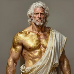 painted portrait of ruggedly handsome joe rogan, [ [ gold paint smeared on torso ] ] by greg rutkowski craig mullins artgerm white hair muscular masculine manly mature flowing robe greek motifs fantasy intricate elegant detailed digital painting concept art artstation sharp focus illustration