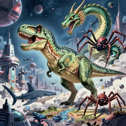 t - rex, goblinshark, dragon, quetzalcoatl, and spider hybrid giant serpentine kaiju! destroyed futuristic city on alien world! surreal art, anime, studio ghibli, makoto shinkai, cinematic, award winning illustration, masterpiece, trending on pixiv, 8 k