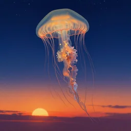 Jellyfish floating in starlit sunset sky, italian futurism, Dan Mumford, da vinci, Josan Gonzalez