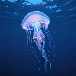 glowing jellyfish swim deep in blue sea. medusa neon jellyfish fantasy water, long filaments of cnidocytes, cinematic view, epic sky, detailed, concept art, low angle, high detail, warm lighting, volumetric, godrays, vivid, beautiful, trending on artstation, by jordan grimmer, huge scene, grass, art greg rutkowski