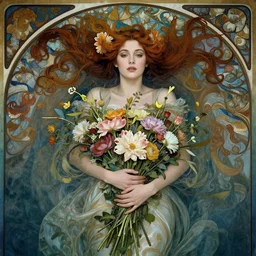 portrait of a beautiful mysterious woman holding a bouquet of flowing flowers, hands hidden under the bouquet, lying in a pool of water, fantasy, regal, intricate, by stanley artgerm lau, greg rutkowski, thomas kindkade, alphonse mucha, loish, norman rockwell