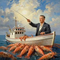 Tom hanks as forrest fishing for shrimp in a giant shrimp boat, majestic beautiful world, surrealism painting, amazing detail