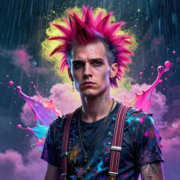 splashes of neon clouds, mowhawk, suspenders, punk portrait made out of paint with rain in the background, trending on artstation, epic composition, emotional, beautiful, rendered in octane, highly detailed, realistic, comic book art, sharp focus, matte painting, unreal engine