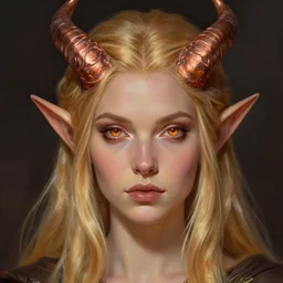 A head-on detailed oil fantasy portrait of a pretty elf woman with subtle copper horns, long blonde hair and bright copper irises, by greg rutkowski, trending on artstation, dungeon and dragons art