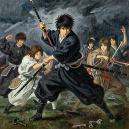 baroque oil painting of key visual great samurai battle, rain, storm, final fantasy, fake detail, trending pixiv fanbox, acrylic palette knife, style of makoto shinkai takashi takeuchi yoshiyuki sadamoto greg rutkowski chiho aoshima